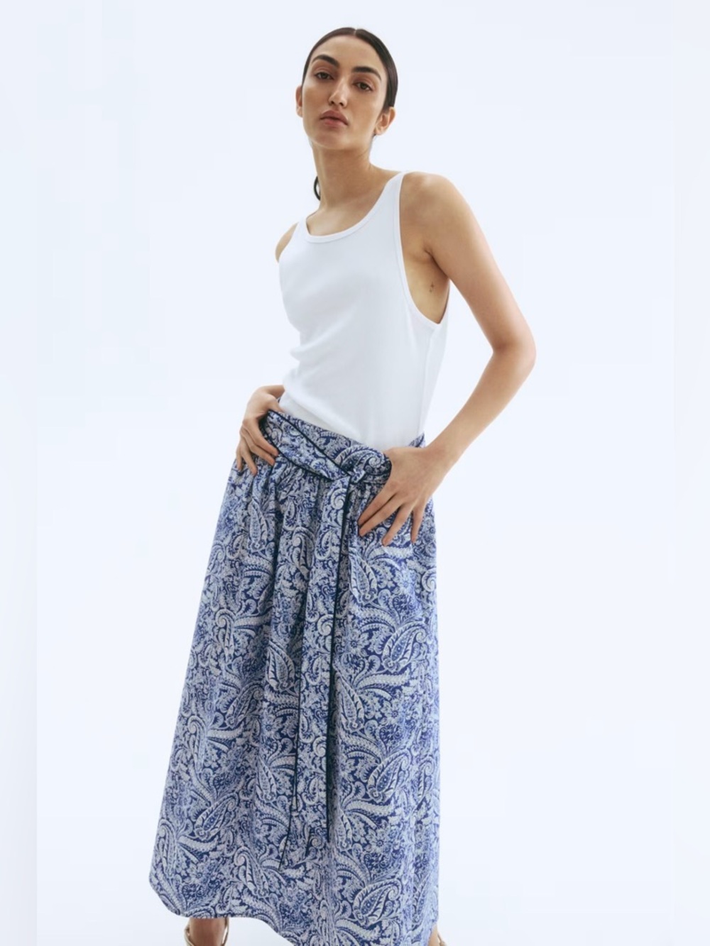 NWT H&M Tie Detail Poplin Cotton Maxi Skirt Blue&White/Paisley Pattern XXS&L